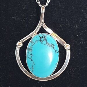 Vintage Mexican Southwestern 925 Sterling Silver Blue Howlite Statement Pendant